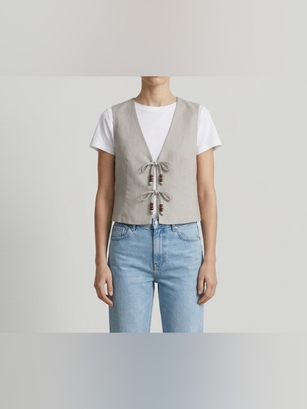 Zara Light Beige Gray Acetate Tie Front Cropped Vest Size M Wooden Beads Boho